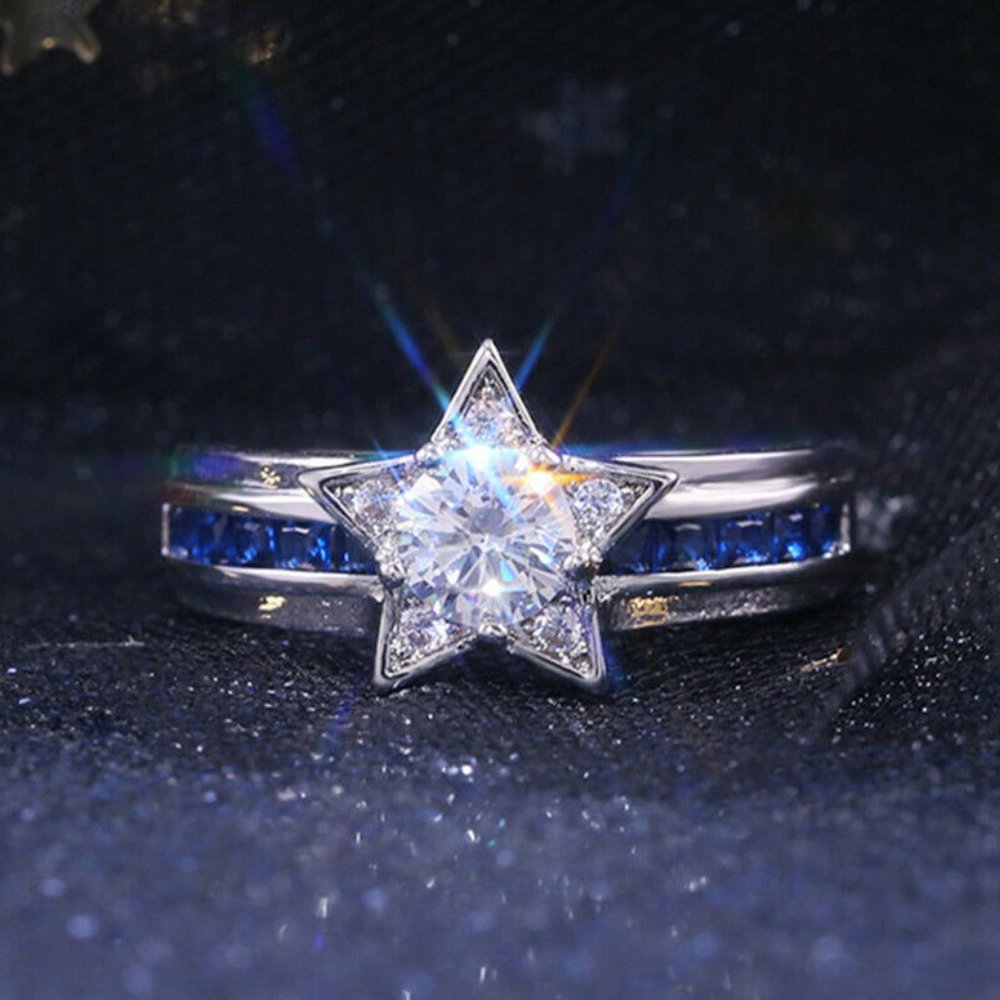 Chic 925 Silver Star Shape White Sapphire Ring New - Picture 2 of 5